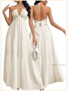 Women's Halter V Neck Maxi Dress - Back Tie Open Back A-Line Beach Summer Dress